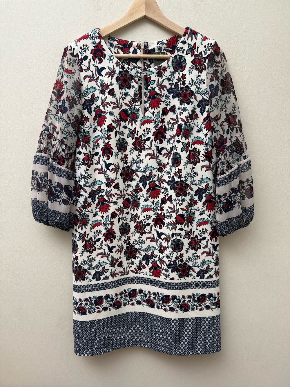 Taylor White Floral Tunic Dress with Red and Navy Accents